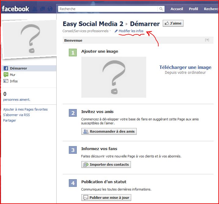 facebook, créer une page pro en images slides modifier infos